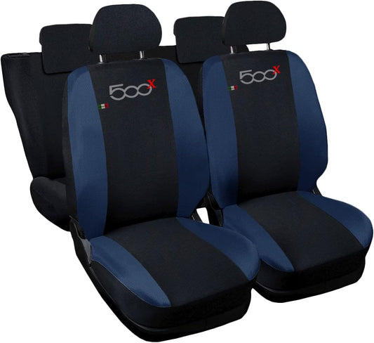 500X_N.Bs Copri-Sedili Auto Compatibili 500X Nero Blu Scuro | Set Coprisedile Anteriori E Posteriori | Logo Ricamato | Airbag Compatibile | Accessori Auto Interno