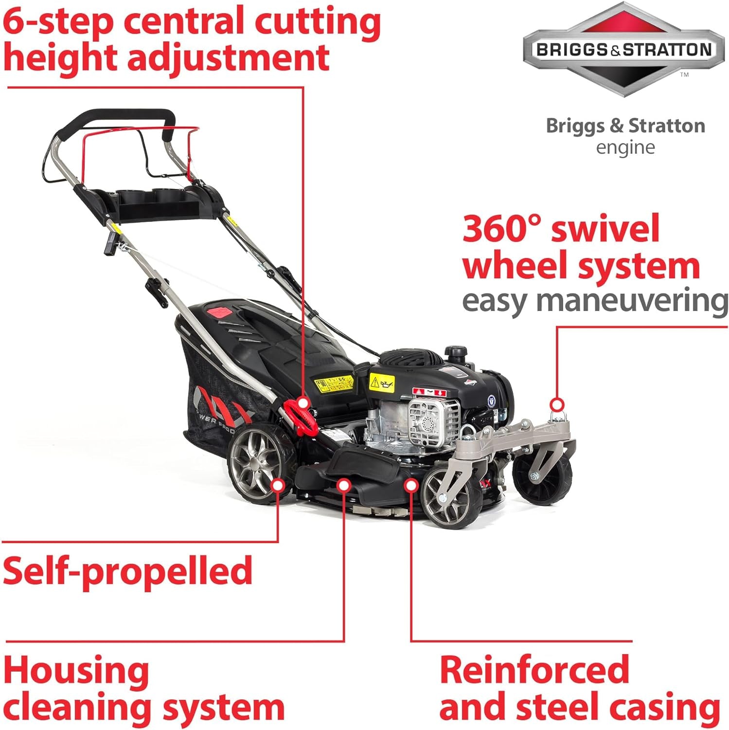 1000S Motore Briggs & Stratton Serie 450E 125 Cm3 Larghezza Di Taglio 42 Cm Cesto 45L Sistema Di Lavaggio Dell'Alloggiamento Tagliaerba a Scoppio a Trazione, Nero, NAX1000S