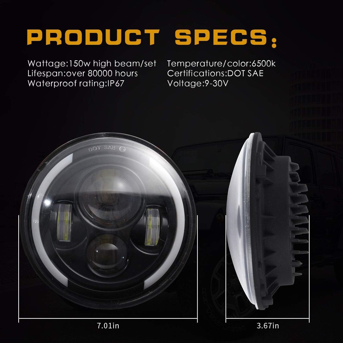 7" Faro a LED 150W 30000LM 4 Lenti Angel Eyes 3000K+6000K 4 Modalità Di Illuminazione Rotonda Nera CREE Lights LED off Road Fire Cross DRL Hi Lo Beam per Wrangler JK TJ LJ CJ Hummber H1 H2