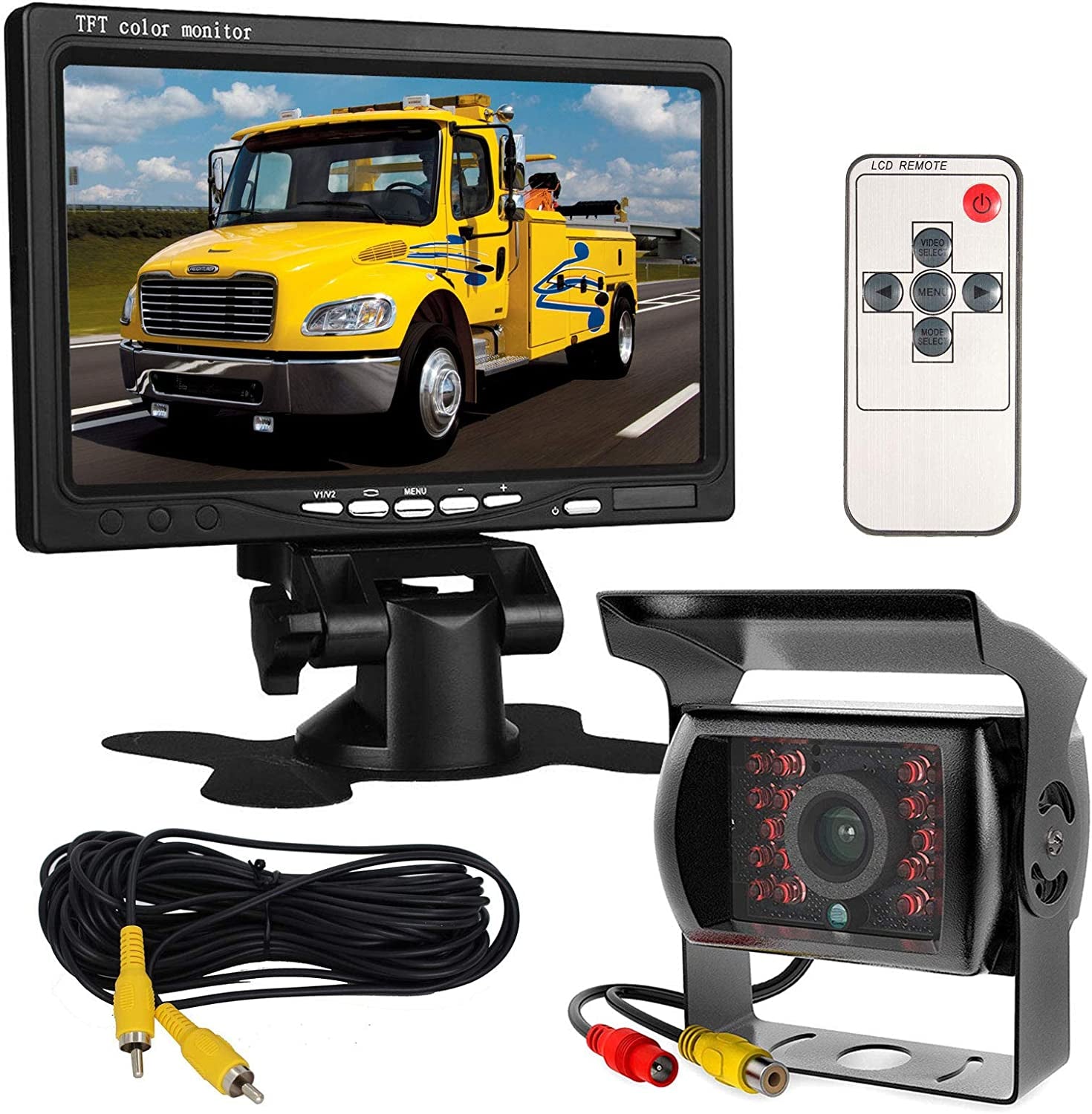 12V-24V Telecamera per Retromarcia Auto 7 Pollici TFT LCD HD Monitor + Camper Camion Rimorchi 18LED Infrarossi Visione Notturna Impermeabile Retrovisore Inversione Backup Telecamera Con 10M Cavo