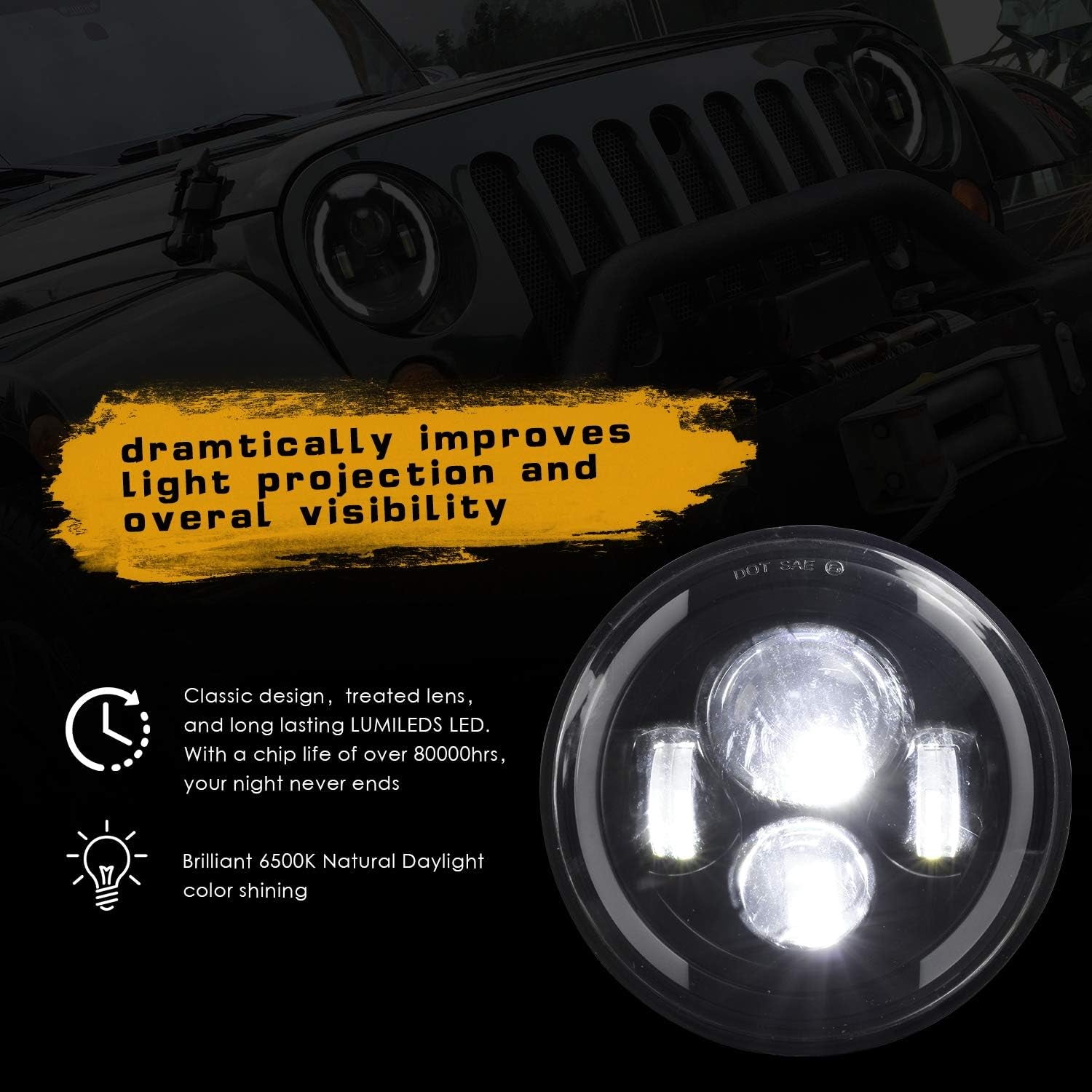 7" Faro a LED 150W 30000LM 4 Lenti Angel Eyes 3000K+6000K 4 Modalità Di Illuminazione Rotonda Nera CREE Lights LED off Road Fire Cross DRL Hi Lo Beam per Wrangler JK TJ LJ CJ Hummber H1 H2