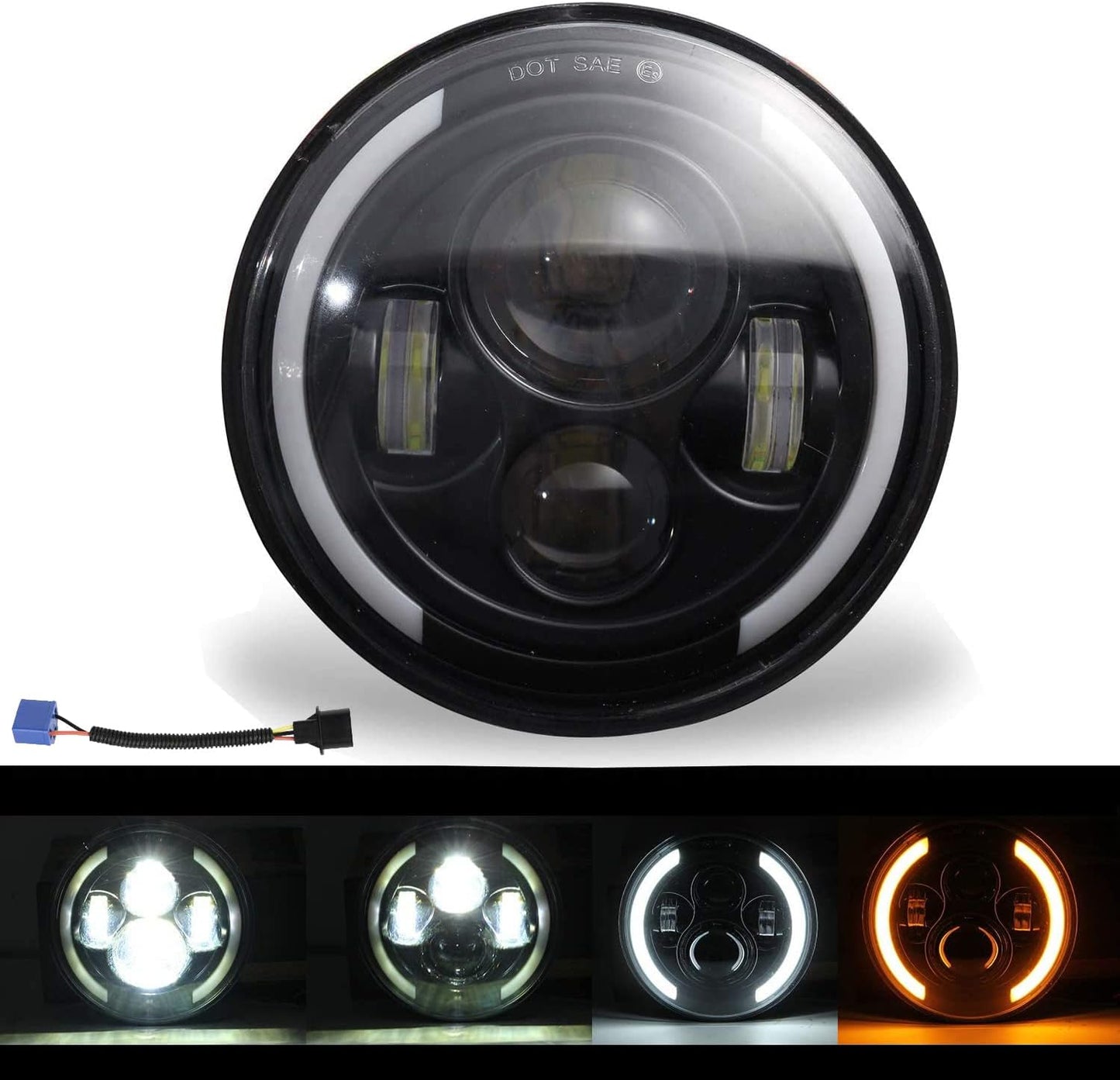 7" Faro a LED 150W 30000LM 4 Lenti Angel Eyes 3000K+6000K 4 Modalità Di Illuminazione Rotonda Nera CREE Lights LED off Road Fire Cross DRL Hi Lo Beam per Wrangler JK TJ LJ CJ Hummber H1 H2