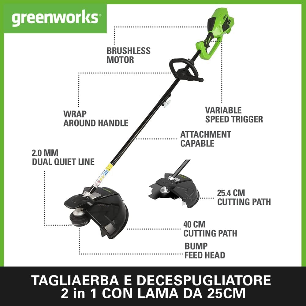 40V Decespugliatore a Batteria Con Motore Brushless, Imbracatura, Altezza Regolabile, Ampiezza Taglio 40Cm, Filo Nylon 2Mm, Lama 25Cm, 2 Batterie 40V E Caricabatterie GD40BCK2X