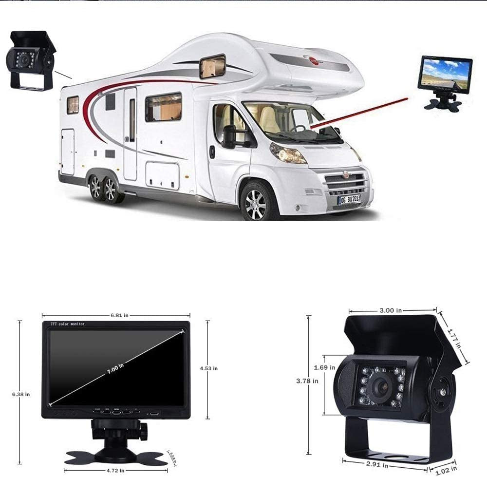 12V-24V Telecamera per Retromarcia Auto 7 Pollici TFT LCD HD Monitor + Camper Camion Rimorchi 18LED Infrarossi Visione Notturna Impermeabile Retrovisore Inversione Backup Telecamera Con 10M Cavo