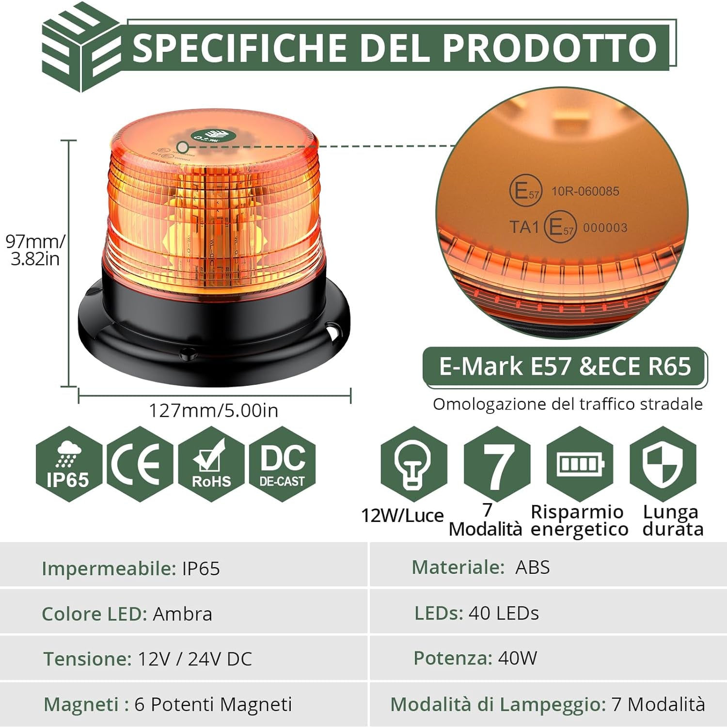 40 LED Luce Stroboscopica Di Emergenza Con Base Magnetica,Spia Di Avvertimento per Auto Da 40 W,E57/Ip65,Cavo Da 5M,Luce Lampeggiante per 12 V/24 V Trattore,Camion