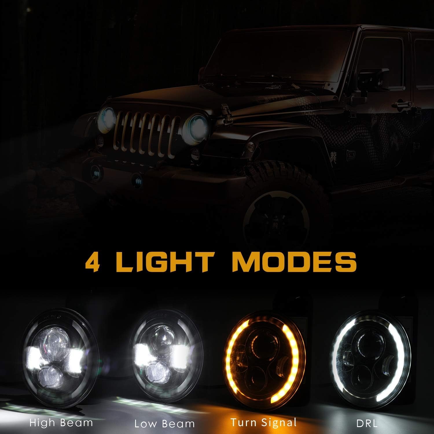 7" Faro a LED 150W 30000LM 4 Lenti Angel Eyes 3000K+6000K 4 Modalità Di Illuminazione Rotonda Nera CREE Lights LED off Road Fire Cross DRL Hi Lo Beam per Wrangler JK TJ LJ CJ Hummber H1 H2