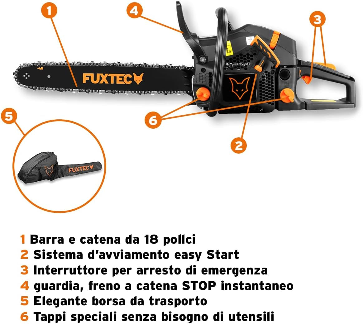 Motosega a Scoppio 54Cc Easy Start Lunghezza Lama46Cm  KS255 -Incl. Borsa Da Trasporto E Protezione Barra Lunghezza Barra 18 Pollici Potente Motore 2,3 Kw a Miscela Di Benzina