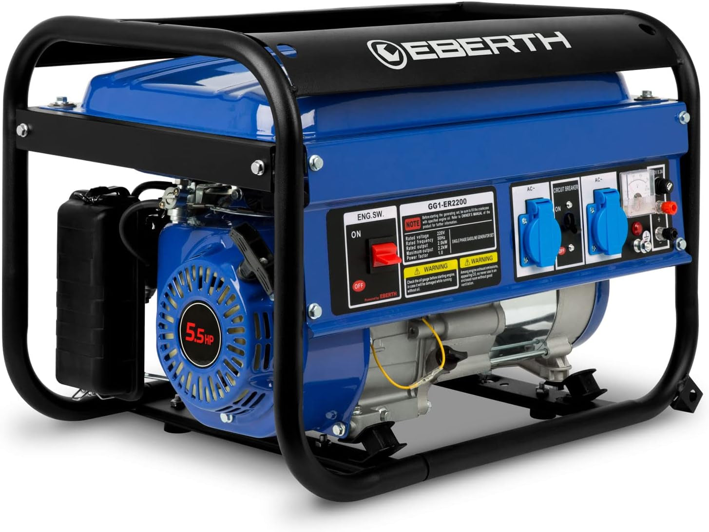 2200 Watt Generatore Di Corrente Portatile Gruppo Elettrogeno 5,5 CV Motore a Benzina 4T, Monofase 2X 230V, 1X 12V, Regolatore Di Volt Automatico AVR, Protezione Da Mancanza Olio, Voltametro