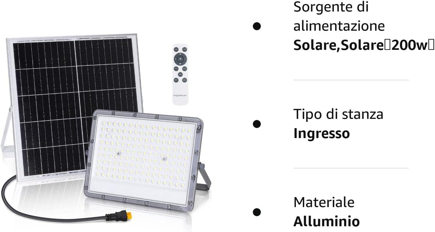 - Faretto Led Esterno Con Pannello Solare,200W, Luce Bianca 6500K. Super Luminosa Faro Con Pannello Solare. Grado Di Protezione IP65/IK08, Faretto Solare Con Telecomando È Funzione Timer.