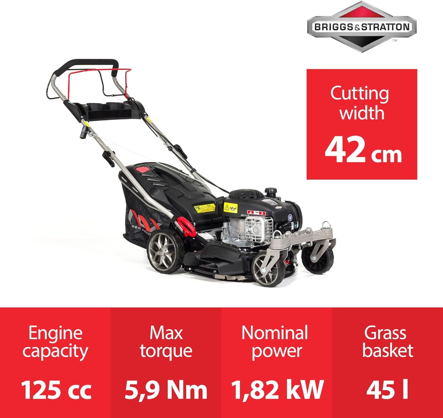 1000S Motore Briggs & Stratton Serie 450E 125 Cm3 Larghezza Di Taglio 42 Cm Cesto 45L Sistema Di Lavaggio Dell'Alloggiamento Tagliaerba a Scoppio a Trazione, Nero, NAX1000S