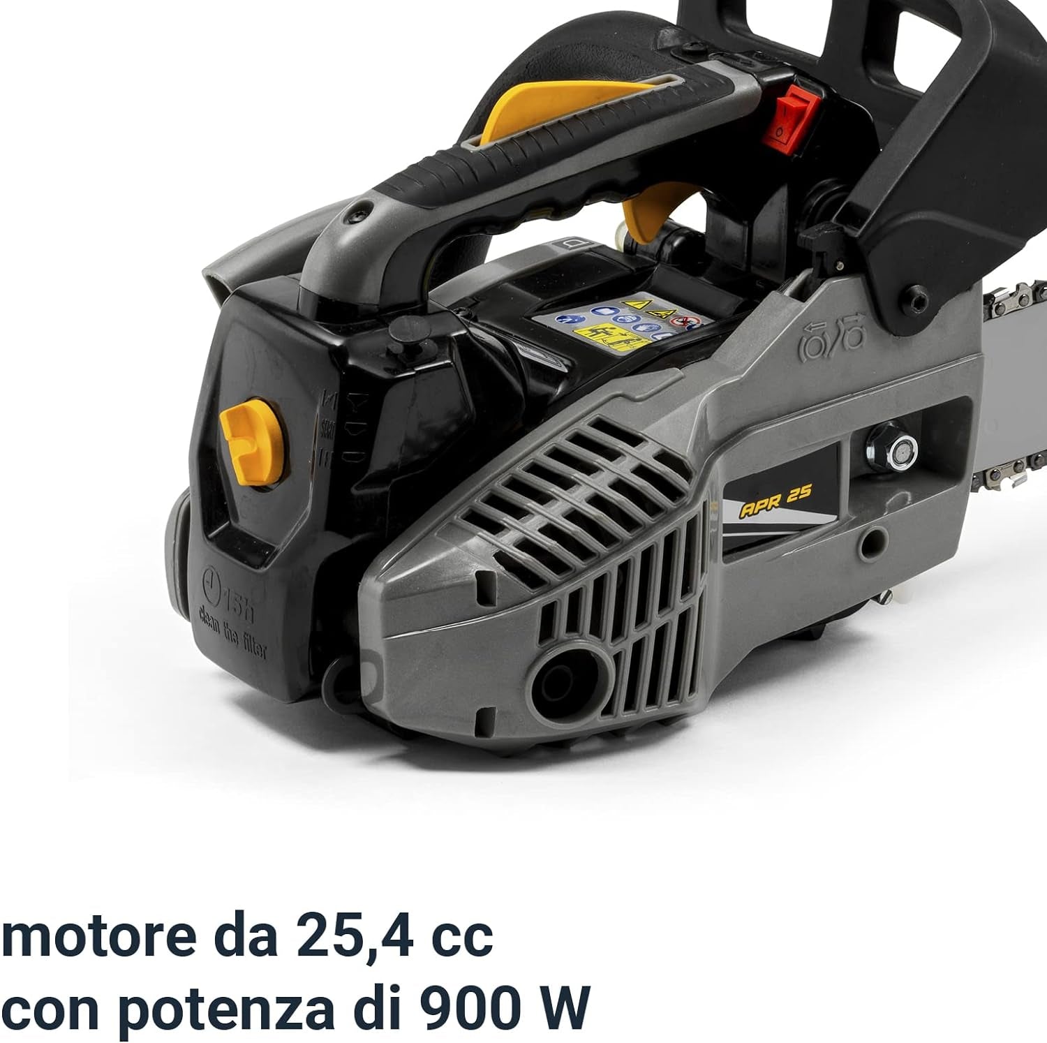 Motosega Da Potatura APR 25 (10)’’, Barra Di Taglio 25 Cm (10’’), Motore a Scoppio 25,4 Cc, 900 W, Velocità Catena 21 M/S, Pompa Olio Automatica Regolabile